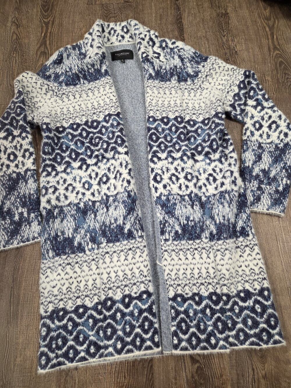 Liverpool Navy Blue White Super Soft Duster Cardigan Sweater Size Medium